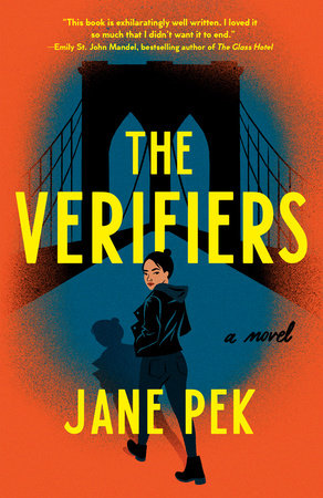 The cover of The Verifiers showing a drawing of a woman walking towards a bridge and looking over her left shoulder